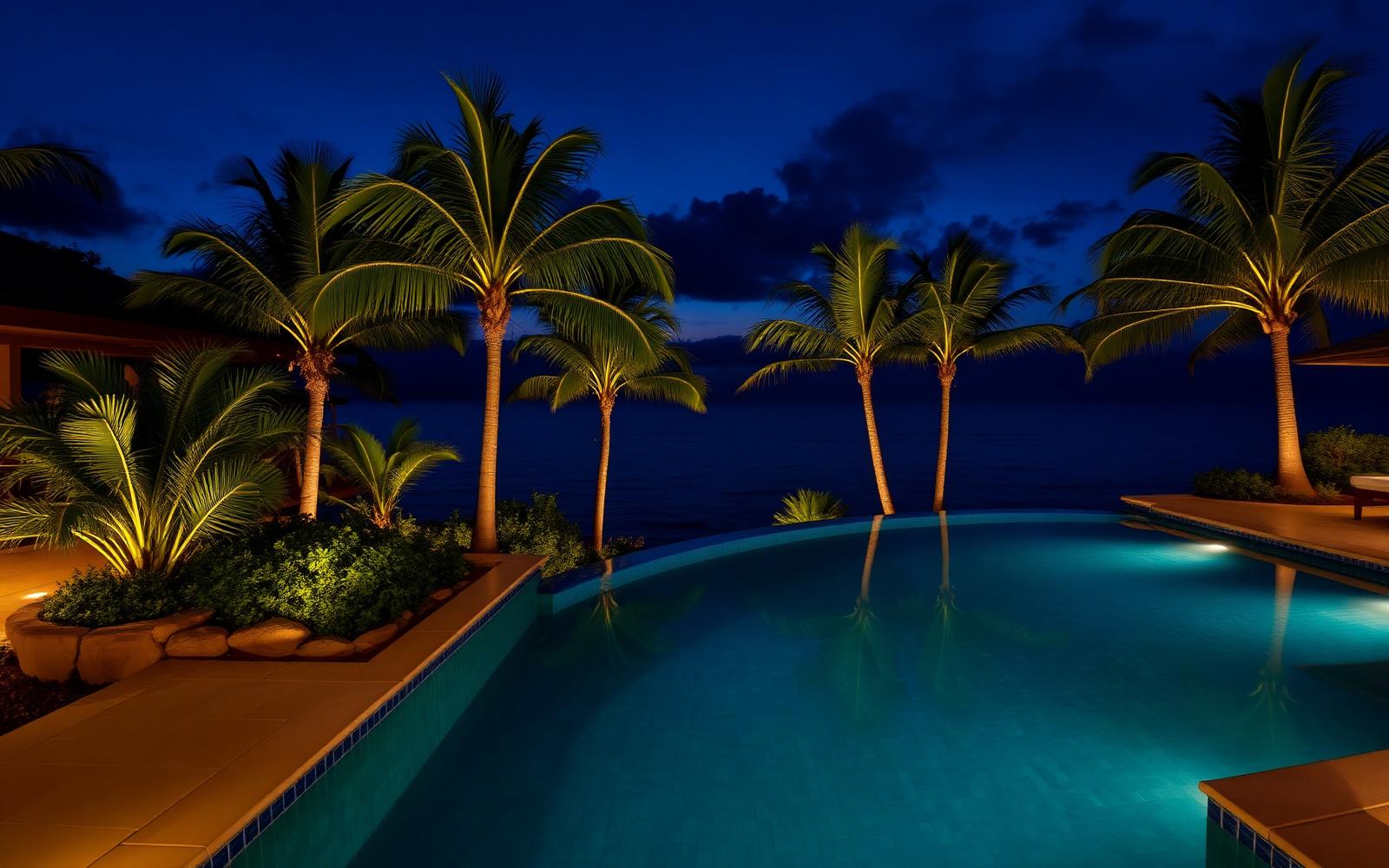 Resort-style oceanfront pool at twilight with tropical landscaping
